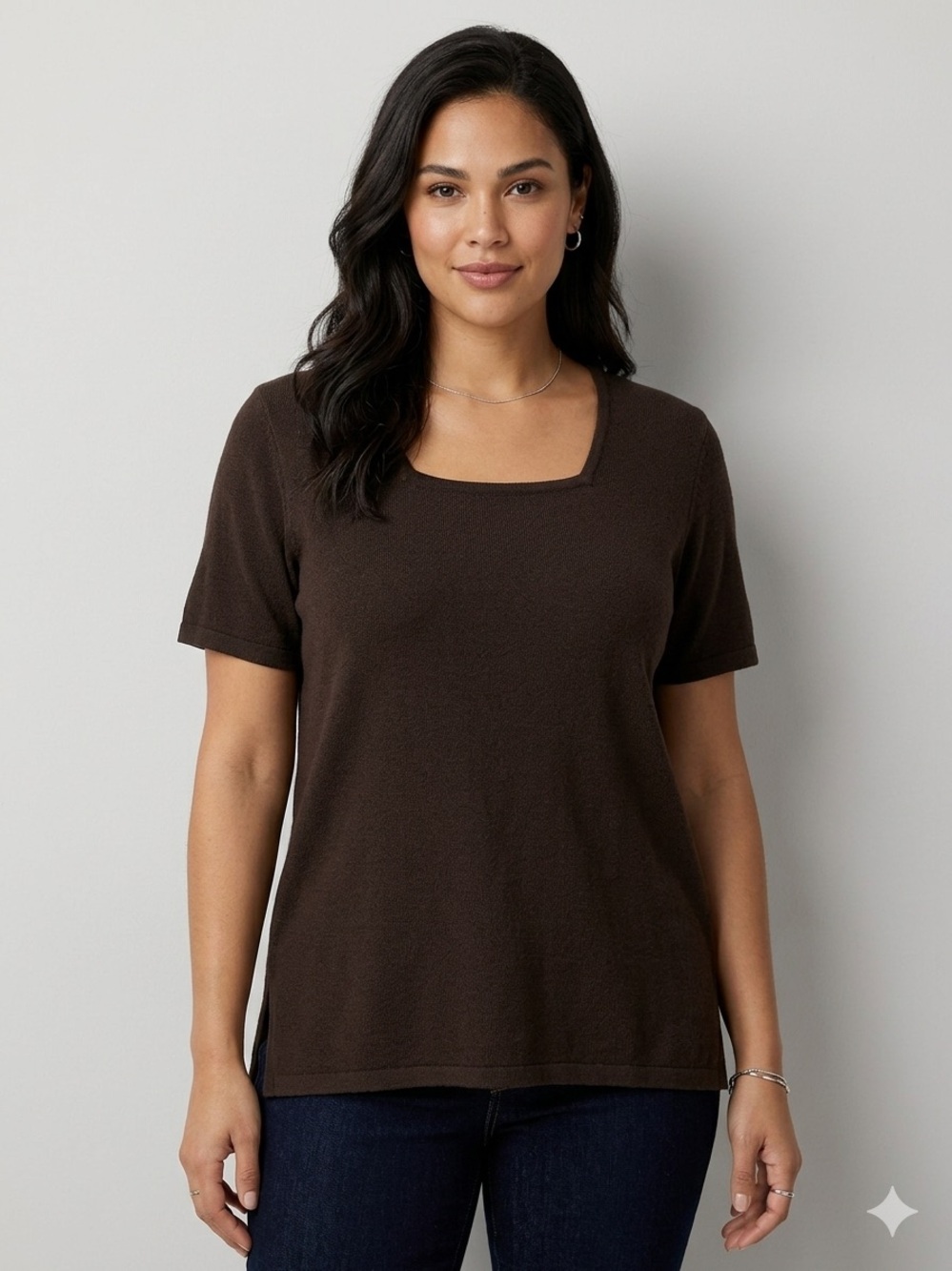 Kathie Lee Collection Dark Brown Square-Neck Short Sleeve Top